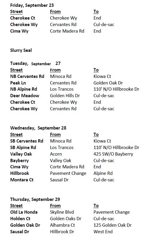 Slurry Seal Schedule 9.23 to 9.29